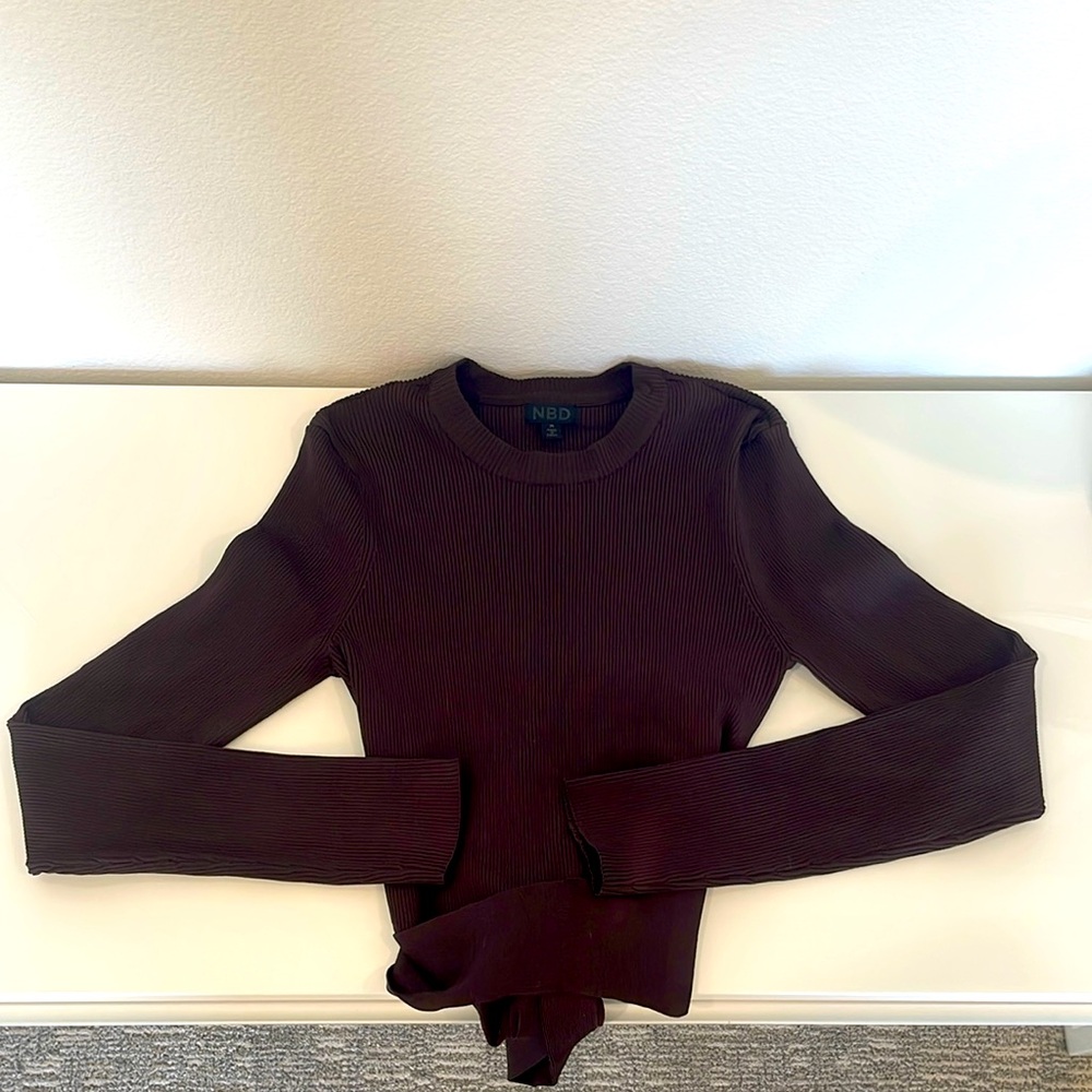 NBD Desiree Ribbed Wrap Top Brown Long sleeve top Medium